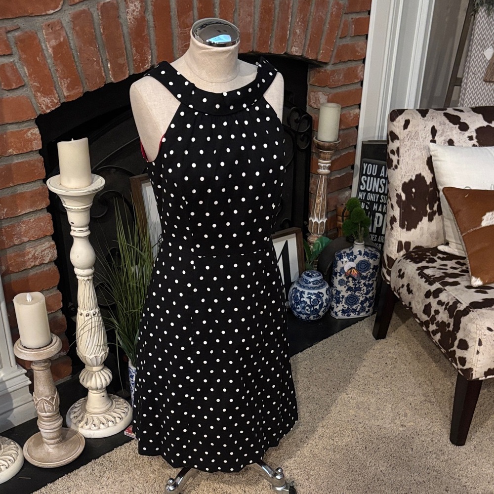 White House Black Market size 8.  Polka Dot Black Dress missing belt.